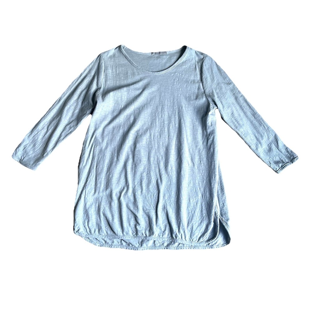 Cut Loose Linen Tunic Top Large Blue Long Sleeve Curved Hem Slub Knit Blouse